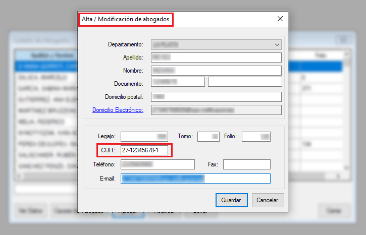 "El recuadro de alta/modificación de abogados solicita: departamento judicial con opciones desplegables, apellido, nombre, documento, domicilio postal, domicilio electrónico, legajo, tomo, folio, CUIT, teléfono, fax, e-mail. Luego ofrece las opciones guardar y cancelar"