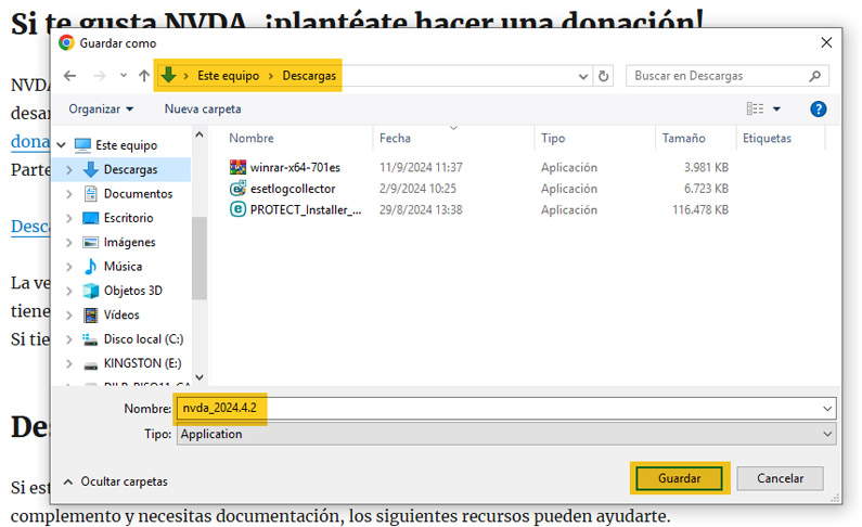 "Ventana de Windows donde elegirá la ubicación del archivo de instalación de NVDA que será descargado"