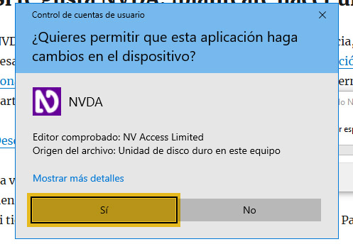 "Ventana de Windows que solicita permiso para que NVDA realice cambios en el dispositivo y pueda ser instalado."