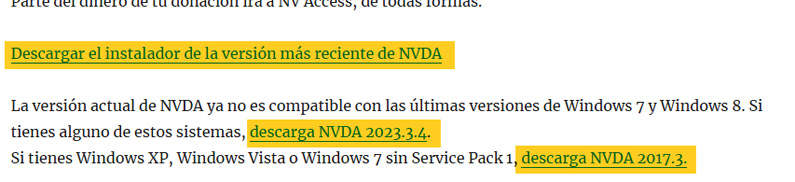 "Descargue la versión de NVDA que corresponda de acuerdo a la versión de Windows que tenga instalada en su equipo"