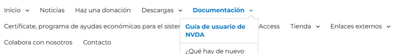 "Menú principal del sitio de la comunidad hispanohablante de NVDA. En "documentación" se puede encontrar la "guía de usuario de NVDA"